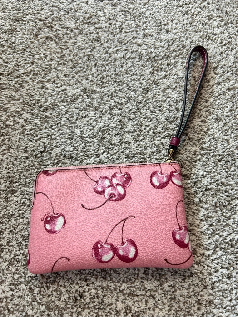Coach Pink Cherry Print Wristlet Clutch with Gold Logo